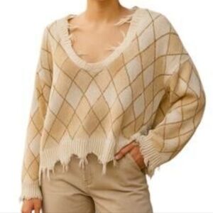 Distressed Beige Argyle Sweater XL Y2K Blokecore Whimsygoth